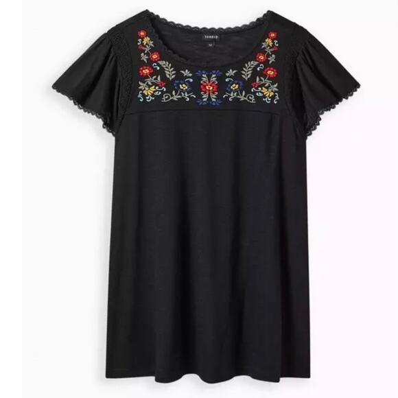 Torrid Knit Crewneck Embroidered Yoke Flutter Sleeve Tee size 0 - Picture 2 of 7